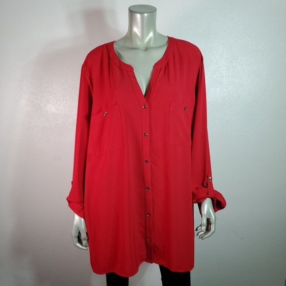 Susan Graver Top Plus Size 28W‎ Tunic Pockets Stretch Tab Sleeve Button Down Red - Picture 2 of 6